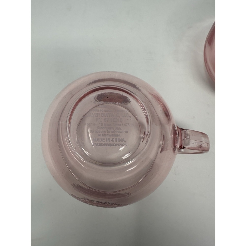 2 Strawberry Shortcake Pink Glass Coffee Mugs Tea Cups, Beverage Glasses NEW! - Picture 3 of 3